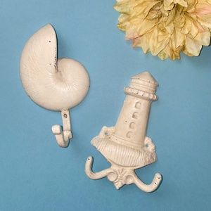 Set (2) Rustic Antique White Cast Iron Nautical Conch Shell and Lighthouse Hooks